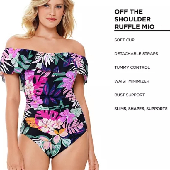 Off The Shoulder Black Tropical Print Tummy Control Waist Mininizer Swimsuit - Picture 3 of 15